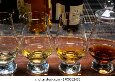 Tasting of flight of Scotch whisky from special tulip-shaped glasses on distillery in Scotland, UK close up