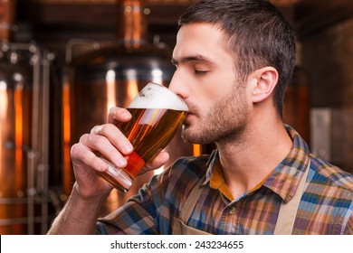 Tasting fresh brewed beer. Handsome young male brewer in apron tasting fresh beer and keeping eyes closed while standing in front of metal containers