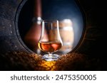 Tasting glass with whiskey standing inside of old oak barrel filled with barley grains. Traditional alcohol distillery concept