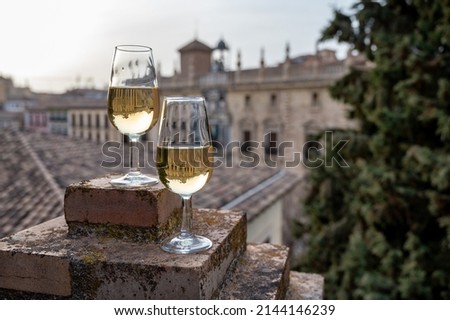 Tasting of sweet and dry fortified Vino de Jerez sherry wine with view on roofs and houses of old andalusian town, South of Spain