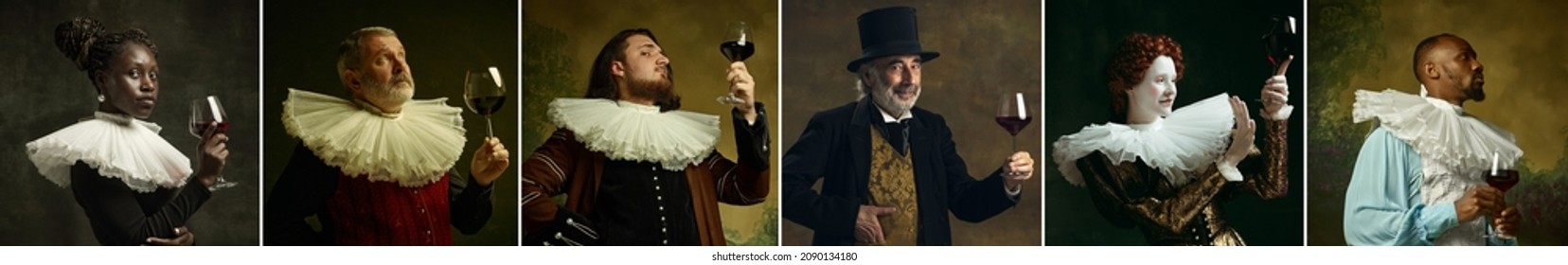 Tasting Wine. Multi Ethnic People In Image Of Medieval Royalty Persons In Vintage Clothing On Dark Background. Concept Of Comparison Of Eras, Modernity And Renaissance, Baroque Style. Photo Set.