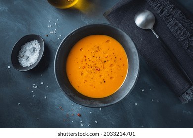 Tasty Appetizing Oriental Pumpkin Lentil Soup With Ginger Served In Bowl. Closeup