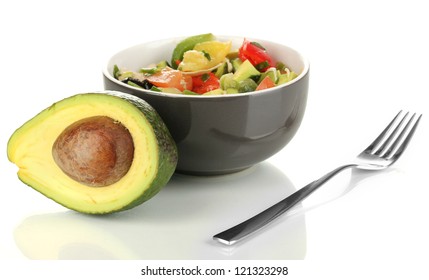 Tasty Avocado Salad In Bowl  Isolated On White