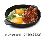 Tasty bacon, eggs and parsley isolated on white