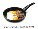 Tasty bacon, eggs and rosemary in frying pan isolated on white