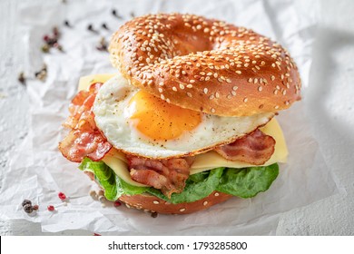 Tasty Bagel With Egg And Bacon For Breakfast