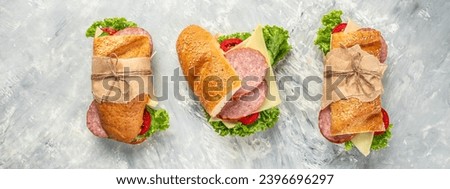 tasty baguettes with salami, tomato, lettuce and cheese on a light background. Long banner format. top view. copy space for text.