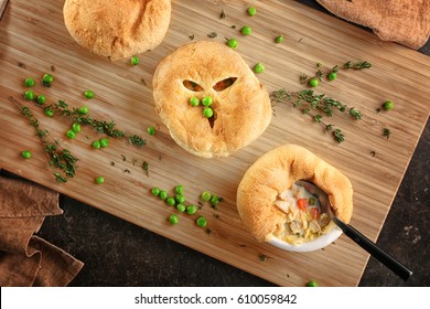 Tasty Baked Chicken Pot Pie On Wooden Board