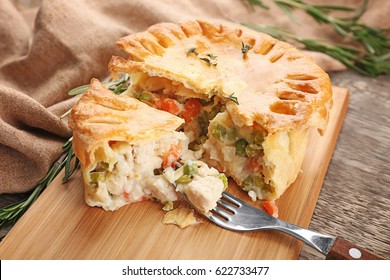 Tasty Baked Chicken Pot Pie On Wooden Board, Closeup