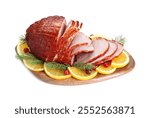 Tasty baked ham, cranberries and oranges isolated on white