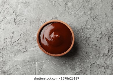 Tasty Barbecue Sauce, Ingredients On Grey Background, Space For Text. Top View