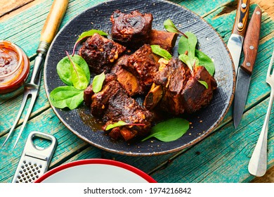 Tasty BBQ Beef Ribs Seasoned With Spicy Sauce.Veal Ribs