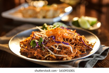 Tasty Beef Pad Thai Meal With Colorful Garnishing