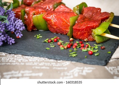 Tasty Beef Steak Kabobs With Vegetables On A Slate Plate 