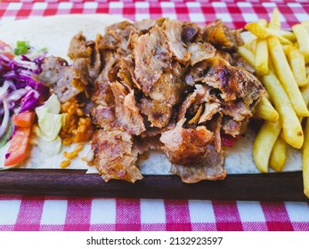 Tasty Beef Steak Kabobs With Vegetables On A Slate Plate