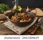 Tasty beef stew with vegetables, placed in the center of a rustic table surrounded by spices, fresh herbs, and toasted bread slices.