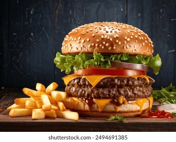 Tasty big size burger with french fries on wooden background. Cheese beef burger with a lettuce. Burger with meat. Cooking a burger at home. junk fast food. - Powered by Shutterstock