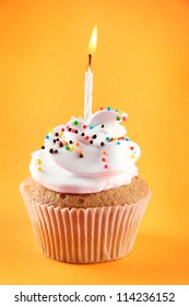 Tasty Birthday Cupcake With Candle, On Orange Background