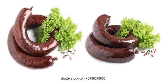 Tasty blood sausages on white background, collage. Banner design