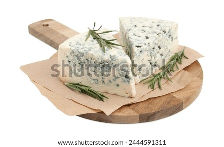 Tasty blue cheese with rosemary isolated on white
