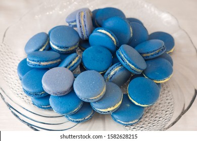 Tasty Blue Macarons On A Plate Close Up.  Color Of The Year 2020 Pantone Classic Blue