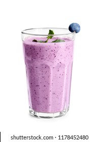 Tasty Blueberry Smoothie In Glass On White Background