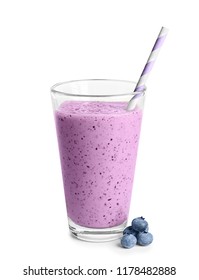 Tasty Blueberry Smoothie In Glass On White Background