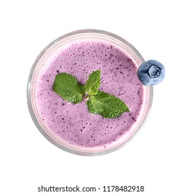 Tasty Blueberry Smoothie In Glass On White Background, Top View