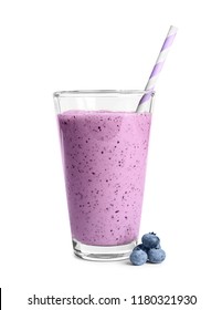 Tasty Blueberry Smoothie In Glass On White Background