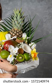 Tasty bouquet, eatable fruit bouquet eatable vegetarian bouquet. Exotic fruits gifts. beautiful composition from vitamins fruits. - Shutterstock ID 1572140974
