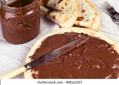 Tasty Breakfast For Sweet-tooth. Pancakes With Chocolate Spread Nutella. 