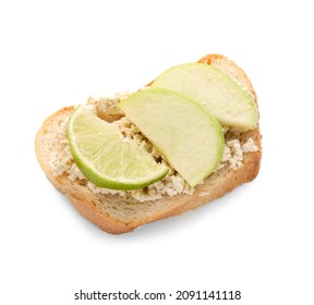 Tasty Bruschetta With Apple, Lime And Hummus On White Background