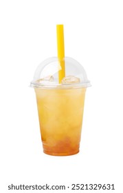 Tasty bubble tea in plastic cup isolated on white