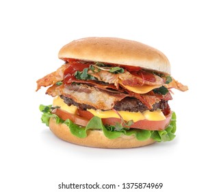 Tasty Burger With Bacon Isolated On White