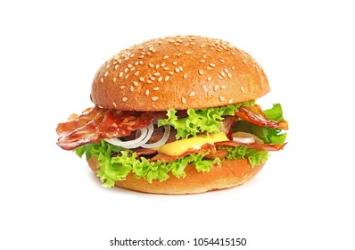 Tasty Burger With Bacon On White Background