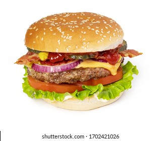 Tasty Burger With Bacon On White Background