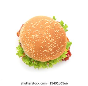 Tasty Burger On White Background, Top View