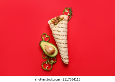 Tasty Burrito On Red Background