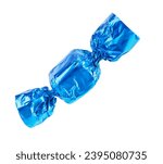 Tasty candy in light blue wrapper isolated on white