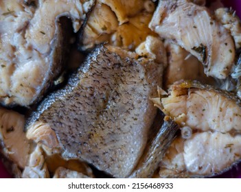 Tasty Canned Fish On Whole Background, Close Up