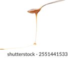 Tasty caramel sauce dripping from spoon on white background, closeup