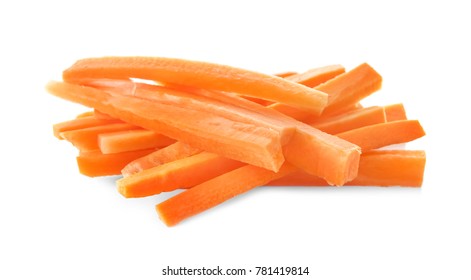 Tasty Carrot Sticks On White Background