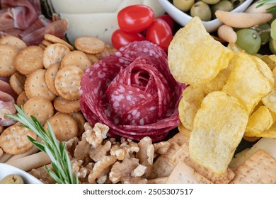 Tasty charcuterie board displaying a selection of savory tapas: a flower-shaped arrangement of salami slices, crispy golden potato chips, buttery crackers, walnuts, cherry tomatoes and green olives - Powered by Shutterstock