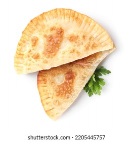 Tasty chebureks with parsley on white background - Shutterstock ID 2205445757