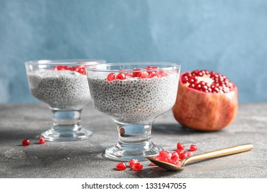 Tasty Chia Seed Pudding With Pomegranate On Table