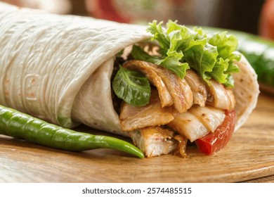 Tasty Chicken Shawarma Roll wrapped in pita bread lavash, featuring fresh vegetables for a delicious doner kebab experience.