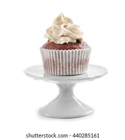 Tasty Chocolate Cupcake On Stand, Isolated On White