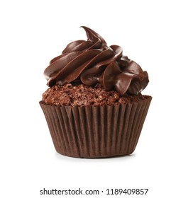 Tasty chocolate cupcake on white background