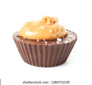 Tasty Chocolate Peanut Butter Cup On White Background