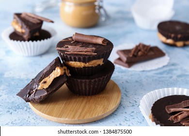 Tasty Chocolate Peanut Butter Cups On Table